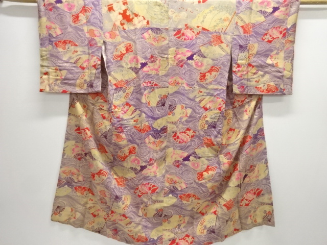 アンティーク　江戸縮緬　扇面に蝶・草花模様長襦袢